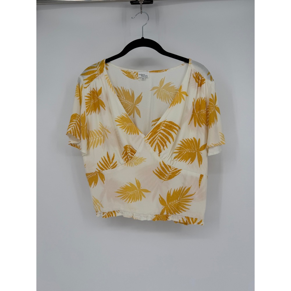 Madison & Berkeley Women Yellow White Tropical Palm Print Smocked Blouse Large